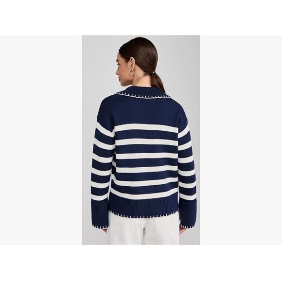 NEW Blue V Neck Striped Oversized Collared Chunky Knit Pullover Sweater m - Picture 2 of 7